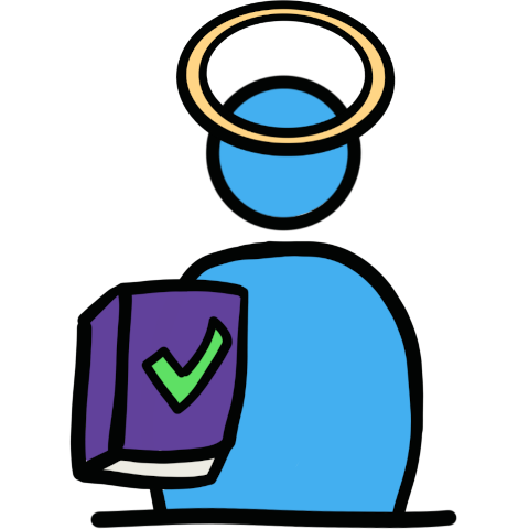 a blue figure with a halo holding a purple book with a green check mark.